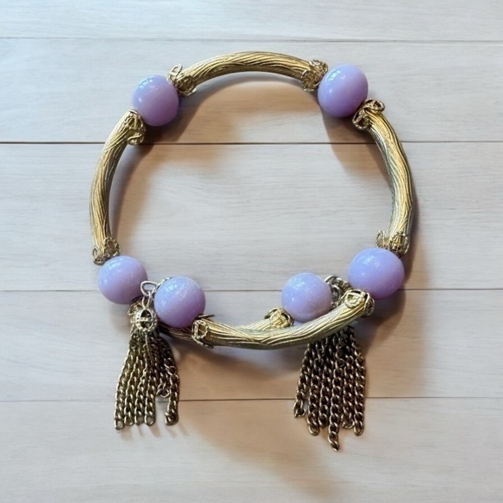 Vintage Lilac Bead and Gold Tone Stretch Bracelet with Tassels